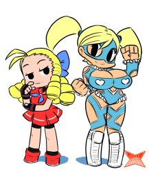 Rule 34 | 1990s (style), 2girls, ahoge, antenna hair, artist name, black eyes, blonde hair, boots, bow, breasts, capcom, chibi, cleavage, curly hair, female focus, fingerless gloves, flat color, frills, gammanaut, gloves, hair bow, hair ornament, highres, kanzuki karin, large breasts, mask, multiple girls, rainbow mika, retro artstyle, ringlets, school uniform, serafuku, simple background, smile, street fighter, street fighter zero (series), twintails, white background