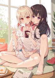 Rule 34 | 2girls, absurdres, ahoge, barefoot, behind another, black hair, blonde hair, book, book stack, bread slice, crossed ankles, cup, drinking glass, drinking straw, egg (food), food, fruit, full body, hand up, highres, hokori sakuni, holding, holding cup, hug, hug from behind, indian style, indoors, inoue takina, legs, long hair, looking at viewer, lycoris recoil, multiple girls, nishikigi chisato, on floor, pajamas, purple eyes, red eyes, short hair, short twintails, sitting, soda, thighs, toast, toes, twintails, w, watermelon, yuri