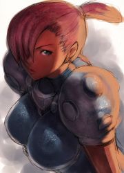 Rule 34 | 1girl, armor, blonde hair, blue eyes, breasts, capcom, fumio (rsqkr), gunspike, hair over one eye, large breasts, pauldrons, ponytail, red hair, short hair, shoulder armor, simone, solo