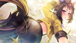 Rule 34 | 1girl, animal ears, arm up, ass, black pants, brown hair, byerley turk (umamusume), cloud, cloudy sky, commentary request, cowboy shot, ear ornament, from behind, garrison cap, grass, hat, highres, horse ears, horse girl, horse tail, jacket, lens flare, looking at viewer, midriff, military jacket, nakamae ayako, open clothes, open jacket, pants, parted lips, scar, scar across eye, short hair, sidelocks, sky, solo, standing, suspenders, tail, triangle mouth, umamusume, yellow jacket