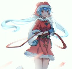 Rule 34 | 1girl, alternate hair length, alternate hairstyle, belt, blue gloves, blue hair, commentary, english commentary, fur trim, gloves, haniyasushin keiki, hat, holly, looking at viewer, maisuiren, open mouth, red eyes, red hat, sack, santa costume, santa hat, short hair, simple background, solo, standing, touhou, white background