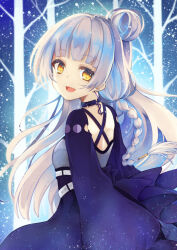 Rule 34 | 1girl, :d, bare tree, blue hair, braid, breasts, commentary request, dress, grey hair, hair bun, highres, indie virtual youtuber, long hair, long sleeves, looking at viewer, looking to the side, open mouth, otogi kyouka, puffy long sleeves, puffy sleeves, purple dress, single braid, small breasts, smile, solo, tree, tsukimiya selene, very long hair, virtual youtuber, yellow eyes