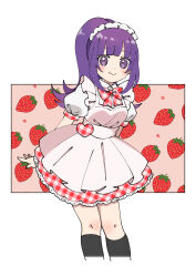 Rule 34 | 1girl, apron, arms behind back, black socks, blunt bangs, blush, bow, bowtie, breasts, closed mouth, collared dress, commentary request, cropped legs, dress, food, frilled apron, frilled dress, frills, fruit, hachimu yan, hanazono shuka, heart, highres, idol time pripara, kneehighs, long hair, looking at viewer, maid, maid headdress, medium breasts, plaid, plaid bow, plaid dress, ponytail, pretty series, pripara, puffy short sleeves, puffy sleeves, purple eyes, purple hair, red bow, red bowtie, red dress, short sleeves, smile, socks, solo, standing, strawberry, white apron