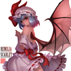 Rule 34 | 1girl, back, bare shoulders, bat wings, blue hair, bow, breasts, character name, closed mouth, clothes lift, colored eyelashes, cowboy shot, from side, hat, hat ribbon, highres, looking at viewer, looking to the side, mob cap, no bra, off shoulder, pink hat, pink skirt, puffy short sleeves, puffy sleeves, red bow, red eyes, red ribbon, remilia scarlet, ribbon, ribbon-trimmed skirt, ribbon trim, sash, short hair, short sleeves, simple background, skirt, skirt lift, skirt set, small breasts, solo, touhou, vampire, white background, wings, zhaoyebai