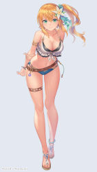 Rule 34 | 1girl, anbe yoshirou, armband, arms behind back, belt, bikini, blonde hair, bracelet, breasts, collarbone, commentary request, company name, flower, full body, green eyes, hair flower, hair ornament, hair ribbon, highres, hortensia saga, jewelry, large breasts, long hair, looking at viewer, mismatched bikini, navel, official art, ponytail, ribbon, sandals, sitting, swimsuit, thigh strap, white flower