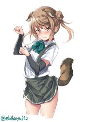 Rule 34 | 1girl, animal ears, ascot, blush, closed mouth, dog ears, dog girl, dog tail, double bun, ebifurya, hair between eyes, hair bun, highres, kantai collection, kemonomimi mode, light brown hair, looking at viewer, michishio (kancolle), paw pose, shirt, short sleeves, short twintails, simple background, single side bun, skirt, solo, suspenders, tail, twintails, twitter username, white background, white shirt, yellow eyes