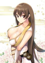 Rule 34 | 1girl, breasts, bridal gauntlets, brown eyes, brown hair, cleavage, closed mouth, collarbone, commentary request, cowboy shot, derivative work, covered erect nipples, fate/grand order, fate (series), floral background, from side, gourd, hat, unworn hat, unworn headwear, large breasts, long hair, looking at viewer, looking to the side, mattari yufi, sleeveless, smile, solo, suzuki nene, very long hair, xuangzang sanzang (fate)