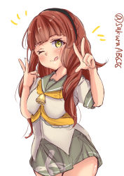 Rule 34 | 1girl, absurdres, beige shirt, bell, black hairband, blunt bangs, braid, brown hair, cowboy shot, de ruyter (kancolle), double v, green eyes, green sailor collar, green skirt, hairband, highres, kantai collection, long hair, looking at viewer, neckerchief, one-hour drawing challenge, orange neckerchief, pleated skirt, sailor collar, sailor shirt, sakura ab, school uniform, serafuku, shirt, side braid, simple background, skirt, solo, tongue, tongue out, v, wavy hair, white background