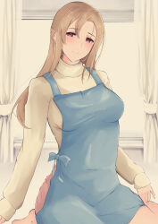 Rule 34 | 1girl, absurdres, apron, blue apron, breasts, brown eyes, brown sweater, closed mouth, commentary request, curtains, groin, highres, housewife, impossible apron, konoe kanata/haruka&#039;s mother, light blush, light brown hair, long hair, long sleeves, looking at viewer, love live!, love live! nijigasaki high school idol club, mature female, medium breasts, partial commentary, shadow, sidelocks, sitting, solo, sweater, tareme, taut sweater, turtleneck, turtleneck sweater, ub takami, wariza, windowsill