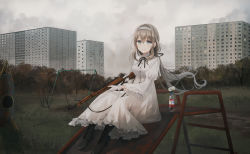 Rule 34 | 1girl, blonde hair, boots, bottle, check commentary, chihuri, cloud, cloudy sky, commentary, commentary request, cross-laced footwear, dress, flower, gloves, grass, gun, hairband, highres, holding, holding gun, holding weapon, lace-up boots, long hair, looking at viewer, original, outdoors, playground, renata alekseevna tsvetaeva, rifle, sitting, sky, slide, solo, swing set, tree, trigger discipline, weapon