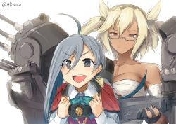 Rule 34 | + +, 2girls, absurdres, ahoge, asymmetrical bangs, bare shoulders, black nails, blonde hair, bow, bowtie, breasts, brown eyes, budget sarashi, cannon, cape, clenched hands, collar, commentary request, dark-skinned female, dark skin, ebizome, excited, glasses, grey eyes, grey hair, hair flaps, hair ornament, halterneck, highres, kantai collection, kiyoshimo (kancolle), large breasts, long sleeves, low twintails, multiple girls, musashi (kancolle), nail polish, official style, one-hour drawing challenge, open mouth, rigging, sarashi, school uniform, semi-rimless eyewear, smile, symbol-shaped pupils, turret, twintails, twitter username, white background