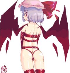 Rule 34 | 1girl, ass, bad id, bad pixiv id, blush, butt crack, female focus, from behind, hat, homura subaru, looking back, red eyes, red thighhighs, remilia scarlet, short hair, simple background, solo, thighhighs, thong, touhou, white background, wings