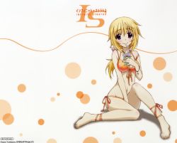 Rule 34 | 10s, 1girl, bare shoulders, barefoot, bikini, blonde hair, blush, bracelet, breasts, charlotte dunois, cleavage, copyright name, drink, drinking, feet, front-tie bikini top, front-tie top, groin, highres, horii kumi, infinite stratos, jewelry, logo, long hair, navel, necklace, official art, orange bikini, ponytail, purple eyes, scan, side-tie bikini bottom, simple background, sitting, smile, solo, stomach, swimsuit, white background