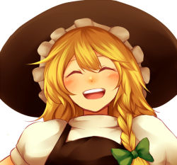 Rule 34 | 1girl, :d, bad id, bad pixiv id, blonde hair, bow, braid, closed eyes, female focus, hair bow, hat, kirisame marisa, open mouth, side braid, smile, solo, touhou, tsuchifumazu, upper body, witch, witch hat