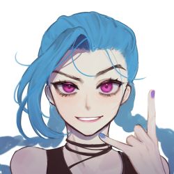 Rule 34 | 1girl, arcane: league of legends, arcane jinx, bad id, bad pixiv id, bare shoulders, black choker, blue hair, blue nails, choker, dbr (dbruuu9), eyelashes, fingernails, highres, jinx (league of legends), league of legends, light blue hair, long eyelashes, long hair, looking at viewer, nail polish, parted lips, pink lips, purple eyes, purple nails, simple background, smile, solo, teeth, twintails, upper body, white background