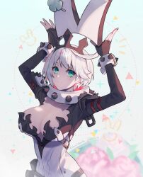 Rule 34 | 1girl, ahoge, animal ears, black gloves, bracelet, breasts, cleavage cutout, clothing cutout, clover, collar, elbow gloves, elphelt valentine, four-leaf clover, gloves, green eyes, guilty gear, guilty gear xrd, hairband, huge ahoge, jewelry, large breasts, long sleeves, looking at viewer, short hair, smile, spiked bracelet, spiked collar, spiked hairband, spikes, white hair, youmicitrustea