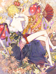 Rule 34 | 1boy, bare legs, barefoot, blonde hair, closed mouth, commentary request, crossed legs, folding fan, gigantic o.t.n (vocaloid), green eyes, hand fan, highres, holding, holding fan, japanese clothes, jitome, kagamine len, lantern, leaf, long sleeves, looking at viewer, male focus, maple leaf, paper lantern, rosette (yankaixuan), sitting, solo, topless male, vocaloid, wide sleeves