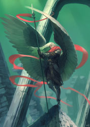 Rule 34 | 1boy, angel, armor, armored boots, boots, fantasy, faulds, feathered wings, greaves, green theme, highres, holding, holding polearm, holding spear, holding weapon, long hair, long scarf, low wings, male focus, monster boy, nishiki areku, original, polearm, ruins, scarf, solo, spear, standing, weapon, wings