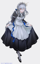 Rule 34 | 1girl, absurdres, arknights, black dress, black footwear, commentary, curtsey, dated, dress, english commentary, english text, frilled hairband, frills, full body, grey hair, hairband, happy birthday, highres, juliet sleeves, long hair, long sleeves, looking at viewer, maid, one eye closed, oxy (ho2), puffy sleeves, red eyes, shoes, simple background, smile, solo, specter (arknights), standing, white background, white hairband