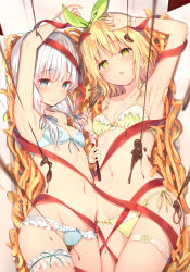 Rule 34 | 2girls, armpits, arms up, blonde hair, blue bra, blue eyes, blue panties, blush, bra, breasts, chocolate, chocolate on body, commentary request, food on body, frilled bra, frilled panties, frills, green eyes, hair between eyes, hair ornament, hair ribbon, hairband, holding, holding whisk, in container, kawaikereba hentai demo suki ni natte kuremasu ka?, koga yuika, lingerie, long hair, looking at viewer, lying, melting, multiple girls, navel, on back, ootori koharu, panties, red ribbon, ribbon, short hair, silver hair, small breasts, spatula, sune (mugendai), thigh strap, underwear, underwear only, valentine, whisk