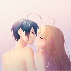 Rule 34 | 1boy, 1girl, ahoge, akamatsu kaede, blonde hair, brown eyes, cheer (cheerpuppy14), closed eyes, commentary, completely nude, couple, danganronpa (series), danganronpa v3: killing harmony, english commentary, from side, gradient background, grey background, heart, heart ahoge, hetero, highres, imminent kiss, long hair, looking at another, nude, parted lips, profile, saihara shuichi, sparkle, teeth, upper body