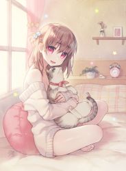 Rule 34 | 1girl, alarm clock, artist name, bad id, bad pixiv id, bare shoulders, bed, bedroom, blush, braid, brown hair, cat, clock, collarbone, cube hair ornament, curtains, from side, grey sweater, hair between eyes, hair ornament, half updo, highres, hugging object, indian style, indoors, long hair, looking at viewer, nekokan masshigura, on bed, one side up, open mouth, original, pillow, pink eyes, plaid pillow, plant, potted plant, ribbed sweater, signature, sitting, sleeves past wrists, smile, solo, sunlight, sweater, window