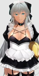 Rule 34 | 1girl, black bow, blue eyes, bow, braid, breasts, cleavage, fate/grand order, fate (series), french braid, grey hair, grin, hair bow, highres, kameponde, large breasts, long hair, looking at viewer, morgan le fay (fate), ponytail, sidelocks, smile, thighs, very long hair