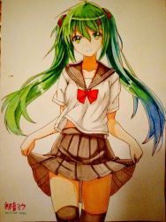 Rule 34 | 1girl, alternate costume, artist request, clothes lift, derivative work, green eyes, green hair, hatsune miku, highres, holding, holding clothes, holding skirt, long hair, looking at viewer, photo (medium), pleated skirt, red ribbon, ribbon, school uniform, skirt, skirt lift, smile, solo, thighhighs, traditional media, twintails, very long hair, vocaloid