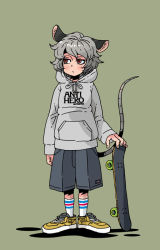 Rule 34 | 1girl, alternate costume, animal ears, casual, clothes writing, contemporary, female focus, hood, hooded sweater, hoodie, mouse ears, mouse tail, nazrin, shorts, sixxxx, skateboard, solo, sweater, tail, touhou