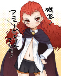 Rule 34 | 1girl, agnese sanctis, alternate hairstyle, bad id, bad pixiv id, blush, brooch, cape, check translation, cosplay, hand on own hip, jewelry, jitsudan, kugimiya rie, long hair, louise francoise le blanc de la valliere, meme, midriff, miniskirt, open clothes, open shirt, orange hair, parody, pleated, pleated skirt, shirt, skirt, toaru majutsu no index, too bad! it was just me! (meme), translation request, voice actor connection, wand, wavy hair, zero no tsukaima