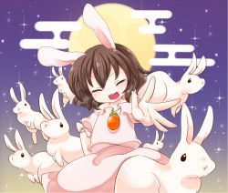 Rule 34 | 1girl, animal ears, brown hair, carrot, dress, egasumi, closed eyes, female focus, inaba tewi, moon, open mouth, outstretched arm, rabbit, rabbit ears, s-s (ss), short hair, smile, solo, too many, too many rabbits, touhou