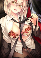 Rule 34 | 1girl, :d, alternate costume, between breasts, black jacket, black necktie, black pants, blonde hair, blush, bra, breasts, car interior, cleavage, clothes pull, collarbone, collared shirt, crotch seam, fate (series), floral print, hair between eyes, hatori mia, head tilt, highres, jacket, koha-ace, large breasts, long sleeves, looking at viewer, necktie, okita souji (fate), okita souji (koha-ace), open clothes, open fly, open jacket, open mouth, open shirt, panties, panties under pantyhose, pants, pants pull, pantyhose, seatbelt, shiny skin, shirt, short hair, sitting, smile, solo, strap between breasts, thigh gap, unbuttoned, underwear, undone necktie, undressing, white shirt, wing collar, yellow bra, yellow eyes