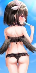 Rule 34 | 1girl, absurdres, ass, beach, bikini, black hair, blue archive, blush, commentary, food, highres, lens flare, looking at viewer, looking back, mashiro (blue archive), mashiro (swimsuit) (blue archive), moleshi, popsicle, short hair, sky, solo, sweat, swimsuit, wet, wings