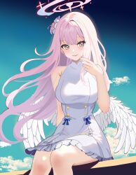 Rule 34 | 1girl, absurdres, angel wings, blue archive, breasts, dress, halo, highres, i am love, large breasts, long hair, mika (blue archive), pink hair, pink halo, sitting, sleeveless, sleeveless dress, solo, white dress, white wings, wings, yellow eyes