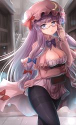 Rule 34 | 1girl, black pantyhose, blunt bangs, blush, book, breasts, cleavage, cowboy shot, crescent, crescent hat ornament, dress, frilled sleeves, frills, glasses, hat, hat ornament, highres, large breasts, library, long dress, long hair, long sleeves, looking at viewer, mob cap, namiki (remiter00), pantyhose, patchouli knowledge, purple dress, purple eyes, purple hair, purple hat, skirt, solo, striped clothes, striped dress, thighband pantyhose, touhou, vertical-striped clothes, vertical-striped dress, very long hair