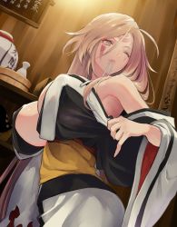 Rule 34 | 1girl, amputee, arc system works, baiken, bare shoulders, black kimono, bottle, breasts, commentary request, guilty gear, guilty gear xrd, highres, in mouth, indoors, jako (toyprn), japanese clothes, kataginu, kimono, large breasts, long hair, multicolored clothes, multicolored kimono, obi, off shoulder, one-eyed, open clothes, open kimono, pink eyes, pink hair, sash, scar, scar across eye, scar on face