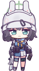Rule 34 | 1girl, absurdres, black footwear, black gloves, black hair, blue archive, blue eyes, blue sailor collar, blue serafuku, blue shirt, blue skirt, blush, breasts, chibi, closed mouth, commentary request, full body, gloves, gun, halo, headgear, helmet, highres, holding, holding gun, holding weapon, knee pads, lahti-saloranta m/26, long sleeves, looking at viewer, medium breasts, neckerchief, panatisia, pleated skirt, puffy long sleeves, puffy sleeves, sailor collar, saki (blue archive), school uniform, serafuku, shirt, shoes, simple background, skirt, solo, standing, weapon, white background, white headwear, yellow neckerchief