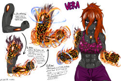 Rule 34 | abs, absurdres, angry, bell-bottoms, body freckles, breasts, camouflage, camouflage shirt, character sheet, clenched hands, colored nipples, cpt.tester works, fighting stance, fire, freckles, full body, gym uniform, hair between eyes, highres, large breasts, long bangs, long hair, looking at viewer, midriff, muscular, muscular female, orange hair, pants, ponytail, power-up, purple eyes, purple nipples, scar, scar on face, shirt, shorts, side ponytail, slit pupils, tall female, tank top, toned female, vera (cpt.tester)