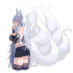 Rule 34 | 1girl, animal ear fluff, animal ears, arm under breasts, ass, azur lane, bare shoulders, black panties, black skirt, black thighhighs, blue eyes, breast hold, breasts, commentary request, crop top, cropped legs, detached sleeves, fox ears, fox girl, fox tail, from side, hair between eyes, hand up, highleg, highleg panties, highres, kitsune, large breasts, large tail, long hair, marumai, microskirt, multiple tails, panties, pleated skirt, profile, race queen, shinano (azur lane), shinano (moonlit chrome) (azur lane), simple background, skirt, solo, tail, tail raised, thighhighs, underwear, very long hair, white background