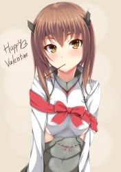 Rule 34 | 10s, 1girl, absurdres, bow, brown eyes, brown hair, flat chest, headband, headgear, highres, kantai collection, looking at viewer, nekur, personification, pocky, ribbon, short hair, solo, taihou (kancolle), valentine