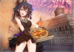 Rule 34 | 1girl, black hair, blush, braid, breasts, brown eyes, cleavage, collarbone, covered erect nipples, earrings, food, girls und panzer, happy birthday, highres, jewelry, large breasts, looking at viewer, megadeko, no panties, open mouth, outdoors, pepperoni (girls und panzer), pizza, short hair, smile, solo