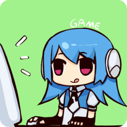 Rule 34 | 1girl, :q, bili girl 22, bilibili, blue hair, chibi, computer, fingerless gloves, gloves, green background, hao (patinnko), headset, monitor, mouse (computer), necktie, no nose, patinnko, playing games, red eyes, short hair, solo, tongue, tongue out