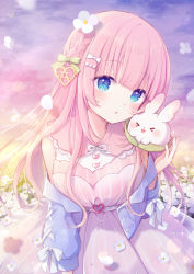 Rule 34 | &gt; &lt;, 1girl, :o, blue eyes, blue jacket, breasts, commentary request, cowboy shot, daisy, dress, flower, gradient sky, hair flower, hair ornament, hairclip, heart, heart hair ornament, highres, jacket, kon hoshiro, long hair, looking at viewer, medium breasts, off shoulder, open mouth, original, outdoors, pink dress, pink hair, pink sky, purple sky, rabbit, sky, solo, sparkle, white flower, yellow sky