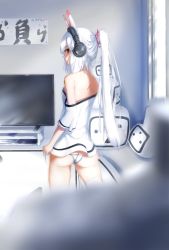Rule 34 | 1girl, ass, ayanami (azur lane), ayanami (niconico) (azur lane), azur lane, bad id, bad pixiv id, bandaid, bandaid on arm, bare shoulders, bergreisfeld, blurry, blurry foreground, breasts, butt crack, closed mouth, commentary request, depth of field, flat screen tv, from behind, hair between eyes, hair ribbon, headgear, headphones, high ponytail, highres, indoors, long hair, looking at viewer, looking back, lowleg, lowleg panties, no pants, off-shoulder shirt, off shoulder, panties, pink ribbon, ponytail, profile, ribbon, shirt, side-tie panties, sidelocks, silver hair, small breasts, solo, television, thighhighs, underwear, very long hair, white panties, white shirt, white thighhighs, window