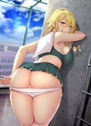 Rule 34 | 1girl, :q, ass, blonde hair, blue eyes, blue sky, blush, borrowed character, breasts, chain-link fence, cheerleader, cloud, crop top, crossed bangs, day, fence, gentsuki, green skirt, large breasts, looking at viewer, midriff, original, outdoors, panties, panty pull, partially visible vulva, pleated skirt, pom pom (cheerleading), pussy, pussy peek, rooftop, short hair, sidelocks, skirt, sky, sleeveless, solo, tongue, tongue out, underwear, white panties