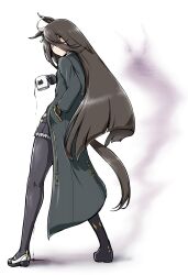 Rule 34 | 1girl, 1other, ahoge, animal ears, asymmetrical footwear, black coat, black footwear, black gloves, black hair, black pantyhose, black skirt, coat, coffee cup, cup, deno (denomina0), disposable cup, earrings, frilled skirt, frills, from side, full body, ghost, gloves, hair between eyes, hand in pocket, highres, holding, holding cup, horse ears, horse girl, horse tail, jewelry, loafers, long bangs, long hair, manhattan cafe (umamusume), mismatched footwear, original, pantyhose, pleated skirt, shoes, simple background, single earring, skirt, solo focus, sunday silence (racehorse), tail, umamusume, white background, white footwear, white hair, yellow eyes