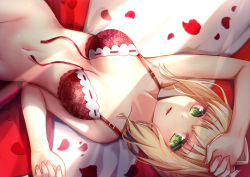 Rule 34 | 10s, 1girl, arm up, bare arms, bare shoulders, bed sheet, bikini, blonde hair, bottomless, bra, breasts, closed mouth, collarbone, commentary request, dutch angle, fate/extra, fate (series), fingernails, front-tie bikini top, front-tie top, green eyes, groin, hand up, long hair, looking at viewer, lying, medium breasts, nail polish, navel, nero claudius (fate), nero claudius (fate) (all), nero claudius (fate/extra), on back, open bra, out-of-frame censoring, petals, pink nails, red bikini, rose petals, sidelocks, solo, swimsuit, underwear, underwear only, untied bikini, yan (nicknikg)