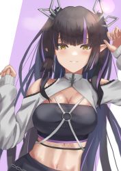 Rule 34 | 1girl, absurdres, black hair, black skirt, black tube top, blunt bangs, blush, breasts, cleavage, clothing cutout, commentary request, demon girl, demon horns, fooming, grey jacket, grin, highres, horns, jacket, kojo anna, kojo anna (2nd costume), lace trim, long hair, long sleeves, looking at viewer, medium breasts, midriff, multicolored hair, nanashi inc., navel, official alternate costume, pointy ears, purple hair, shoulder cutout, shrug (clothing), skirt, smile, solo, strapless, sugar lyric, tube top, two-tone hair, two side up, upper body, virtual youtuber, yellow eyes