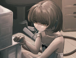 Rule 34 | 1girl, absurdres, bare shoulders, blush, brown eyes, brown hair, cable, computer, cosplay, dress, flat chest, hatoba tsugu, highres, indoors, iwakura lain, iwakura lain (cosplay), medium hair, mole, mole under eye, mouth hold, on floor, relvetic, scene reference, serial experiments lain, sitting, sleeveless, sleeveless dress, solo, strap slip, tsugu (vtuber), upper body, virtual youtuber, white dress