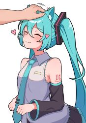 Rule 34 | 1boy, 1girl, animal ears, bare shoulders, black skirt, blue hair, blue necktie, blush, breasts, character name, closed eyes, collared shirt, detached sleeves, grey shirt, hair between eyes, hand on another&#039;s head, happy, hatsune miku, headpat, heart, highres, kemonomimi mode, kumada gaon, long hair, looking to the side, miniskirt, necktie, number tattoo, shirt, shoulder tattoo, skirt, small breasts, smile, solo focus, tattoo, twintails, very long hair, vocaloid, wide sleeves